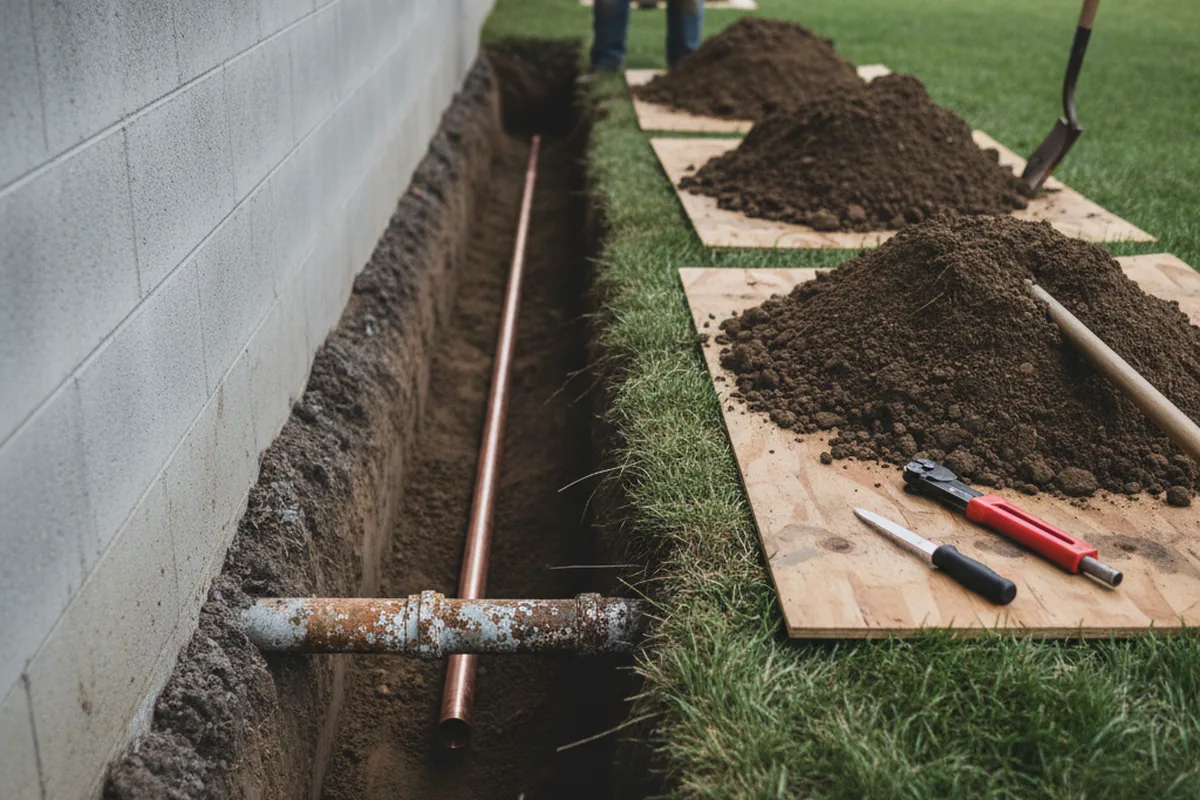 Excavated water line trench during Water Softener Installation in Silverhill